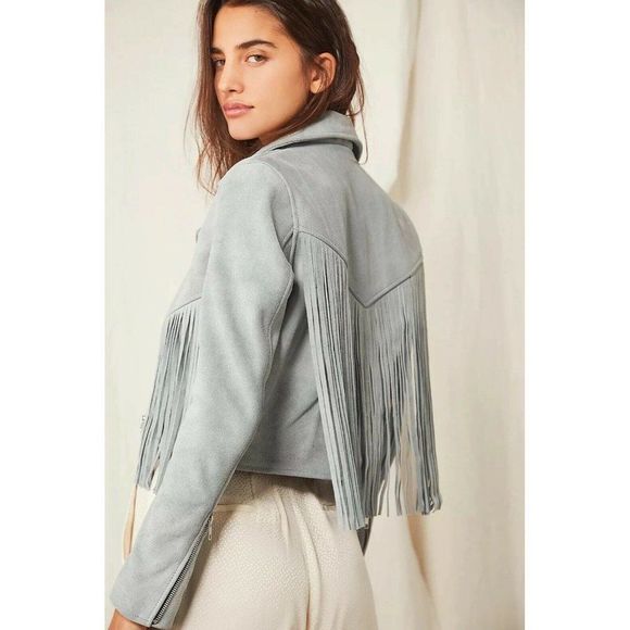 NEW FREE PEOPLE X UNDERSTATED LEATHER Sz M FEARLESS FRINGE CROP SUEDE JACKET